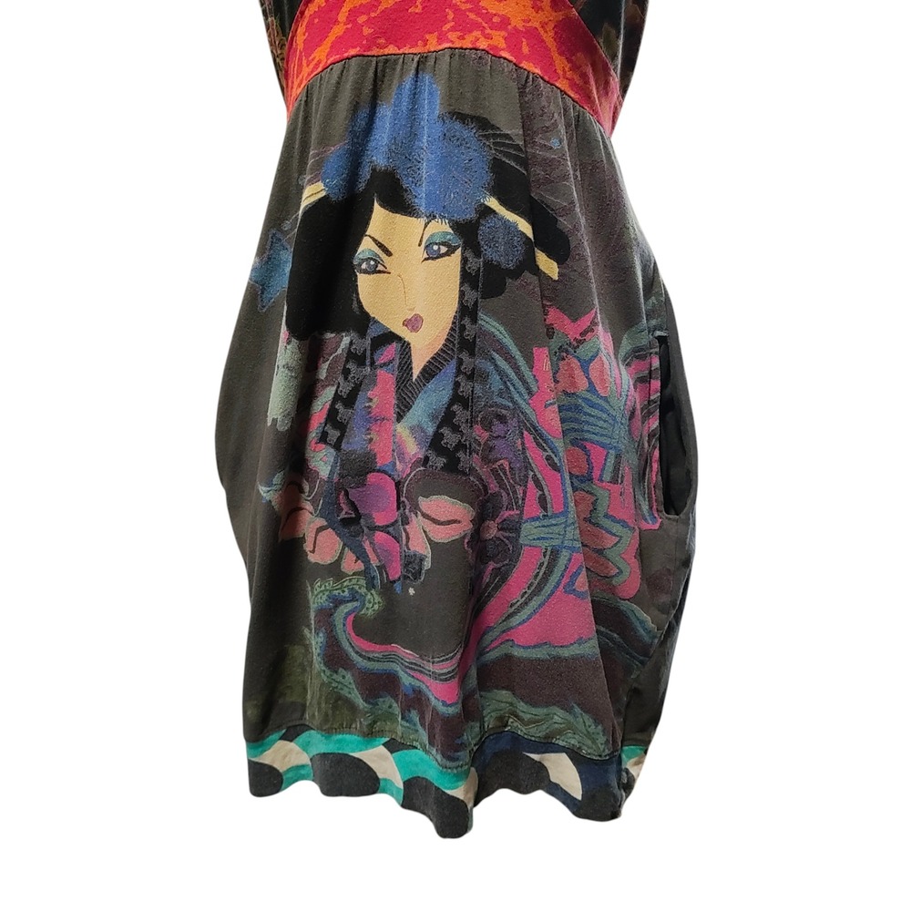Desigual Asian Geisha Print Dress Short Sleeve Art Y2K Colorful XS / S FLAW - Picture 4 of 12